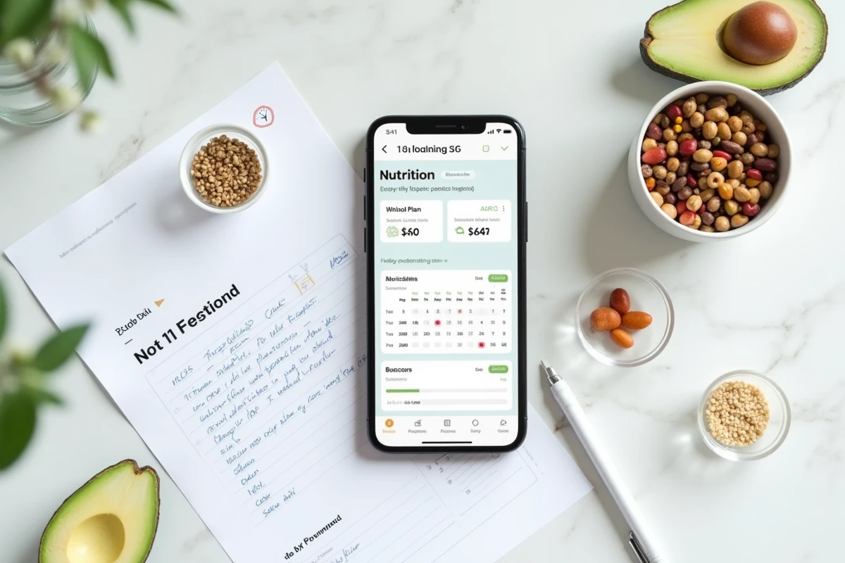 Vue de dessus d'un plan de repas WW avec application de suivi nutritionnel et aliments sains sur marbre blanc