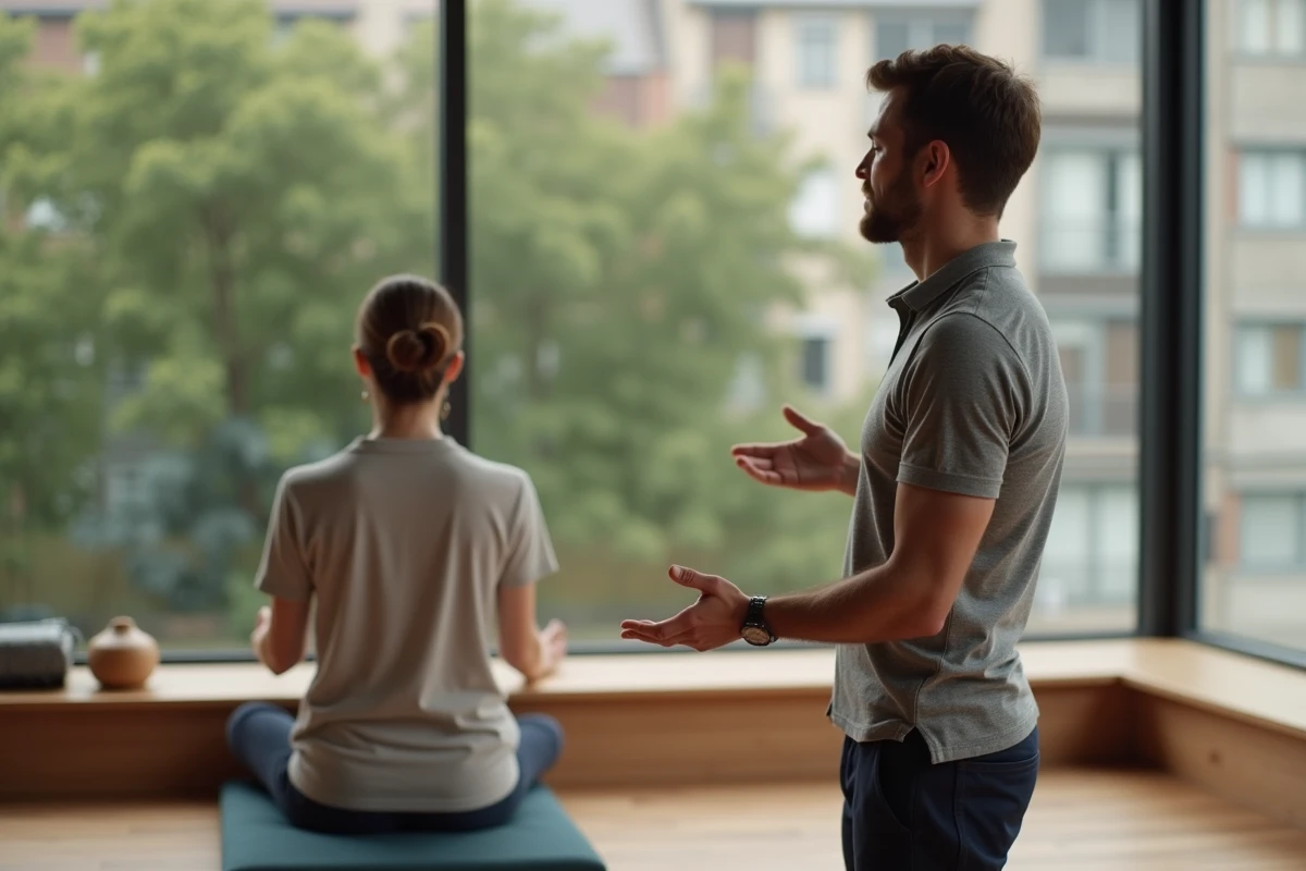 Praticien en bien-être guidant une séance de respiration consciente dans un studio zen avec parquet en bois
