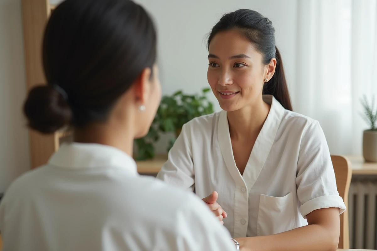 Praticienne professionnelle en bien-être en consultation avec un client dans un cabinet minimaliste et apaisant