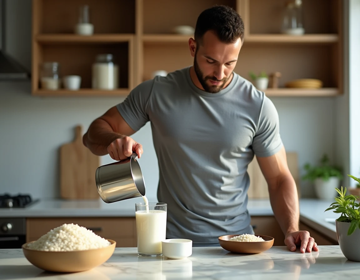 Sportif préparant de l'eau de riz maison dans une cuisine après une séance de course à pied