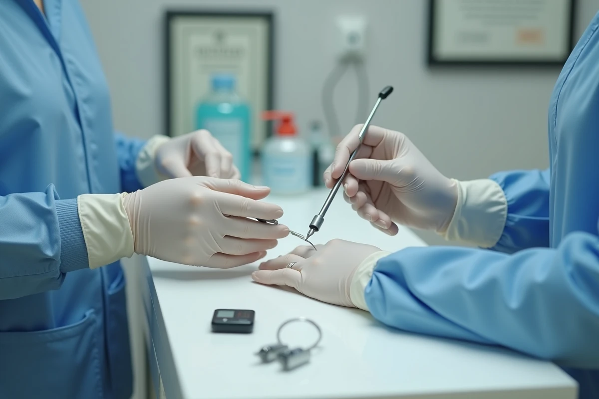 Mains gantées préparant des instruments de piercing sur un plan de travail blanc