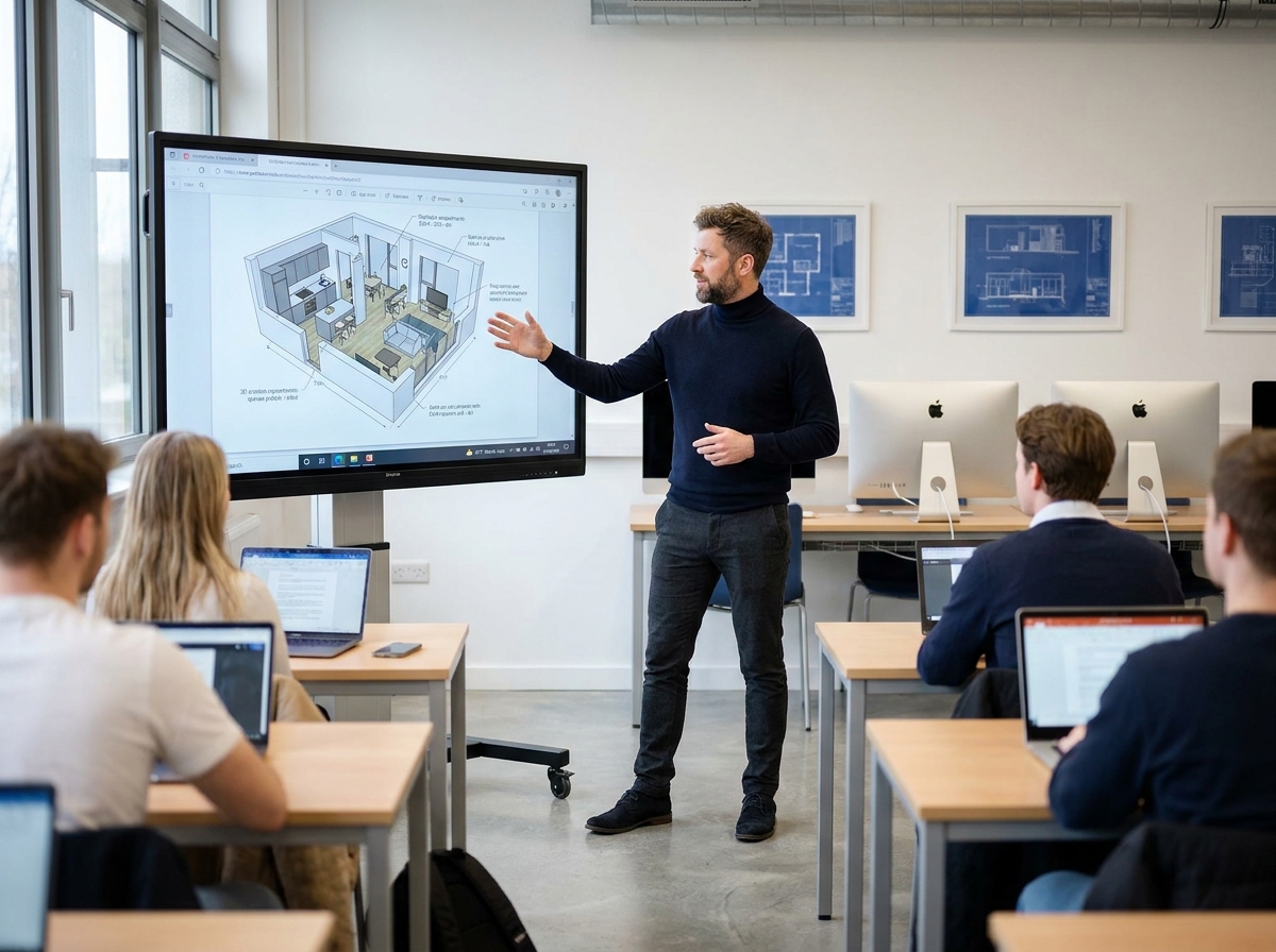 Professeur d'architecture d'intérieur présentant un rendu 3D d'appartement contemporain à des étudiants en formation