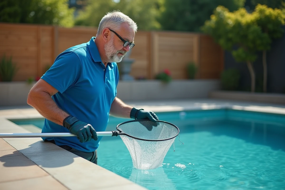 Professionnel de l'entretien de piscine retirant des morceaux de verre cassé avec une épuisette fine