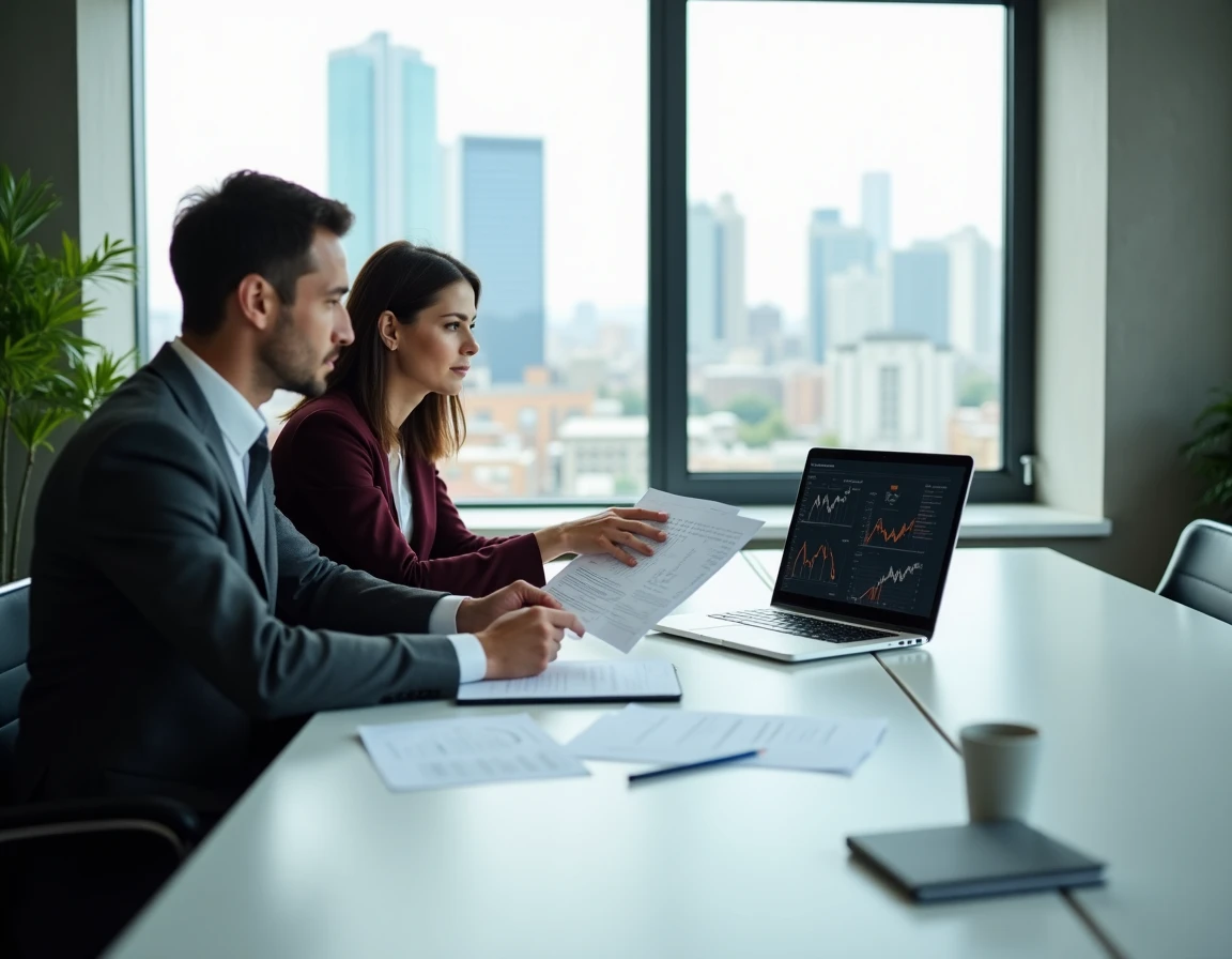 Deux professionnels analysant des données et stratégies de croissance B2B autour d'une table de réunion avec vue sur la ville