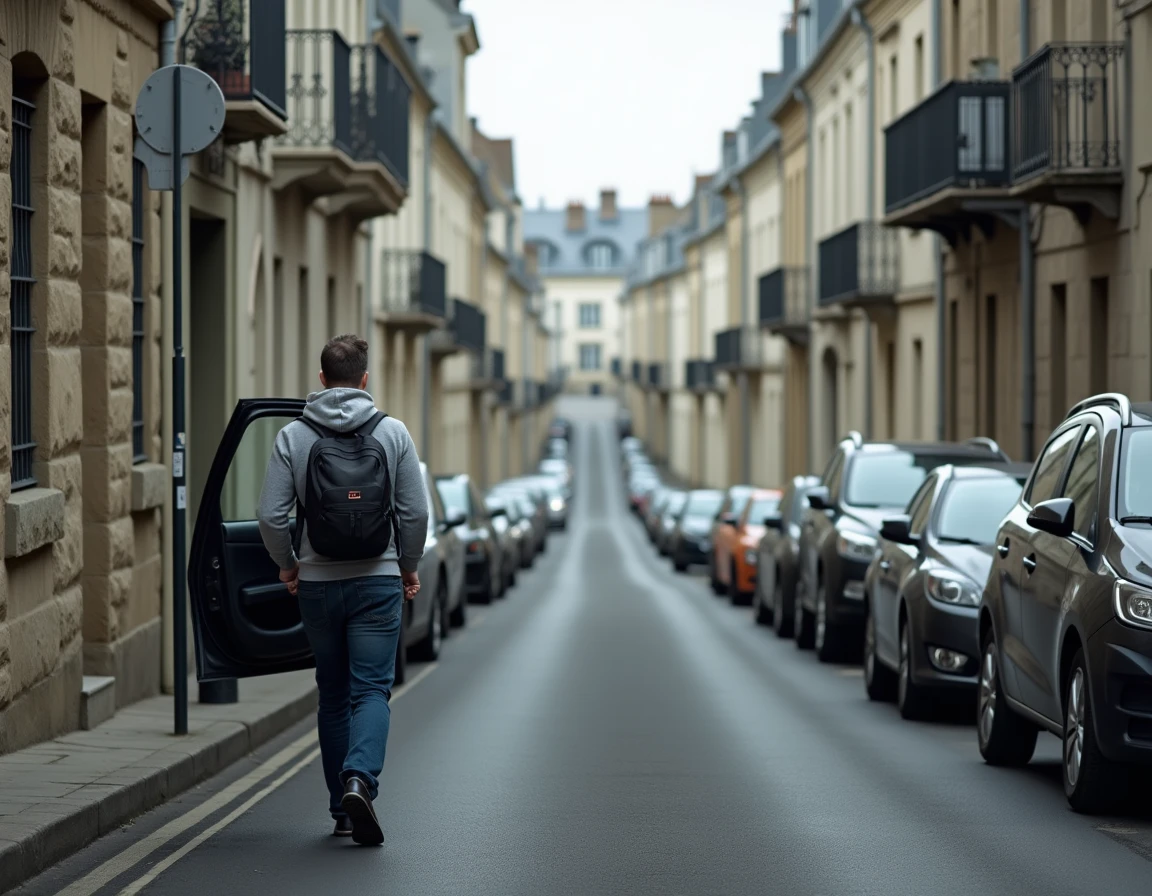 Rue résidentielle calme près de la gare de Rennes avec voitures garées gratuitement et architecture bretonne typique