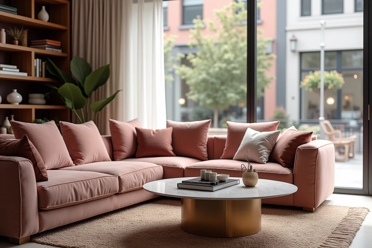 Salon décoré avec soin par un professionnel de l'aménagement intérieur avec canapé en velours et étagères design