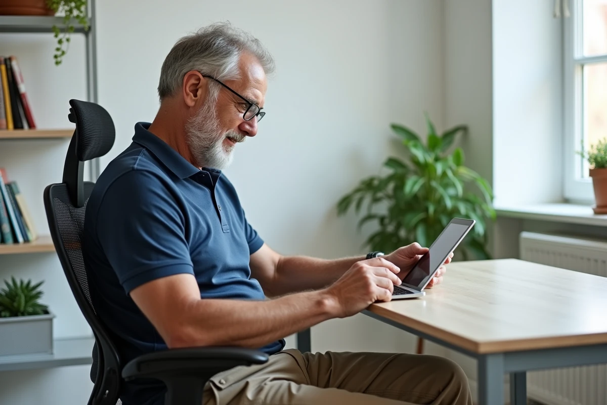 Un homme senior autonome consulte les services d'accompagnement Green Seniors sur une tablette numérique dans son bureau à domicile