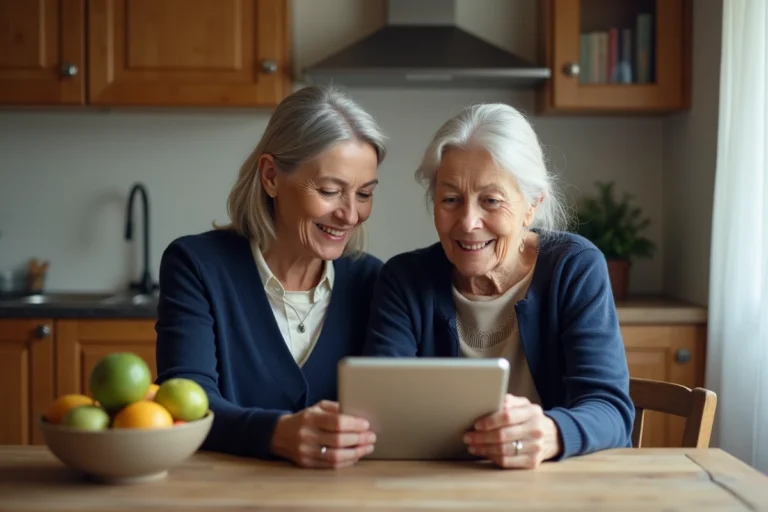 Une senior et sa fille adulte consultent ensemble une tablette numérique dans une cuisine chaleureuse pour améliorer le quotidien