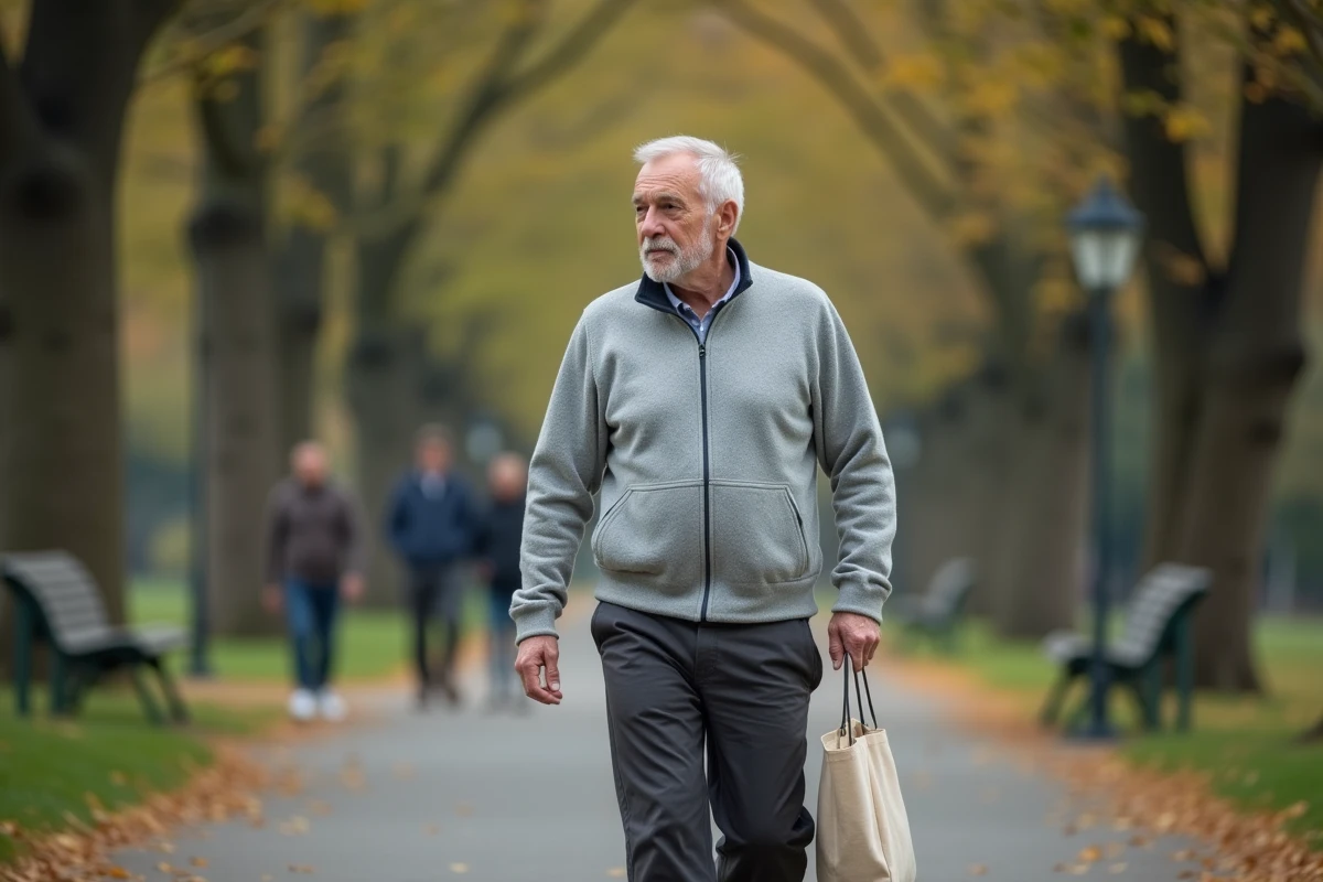Un senior actif se promène seul dans un parc en automne, illustrant l'autonomie et le bien-être au quotidien