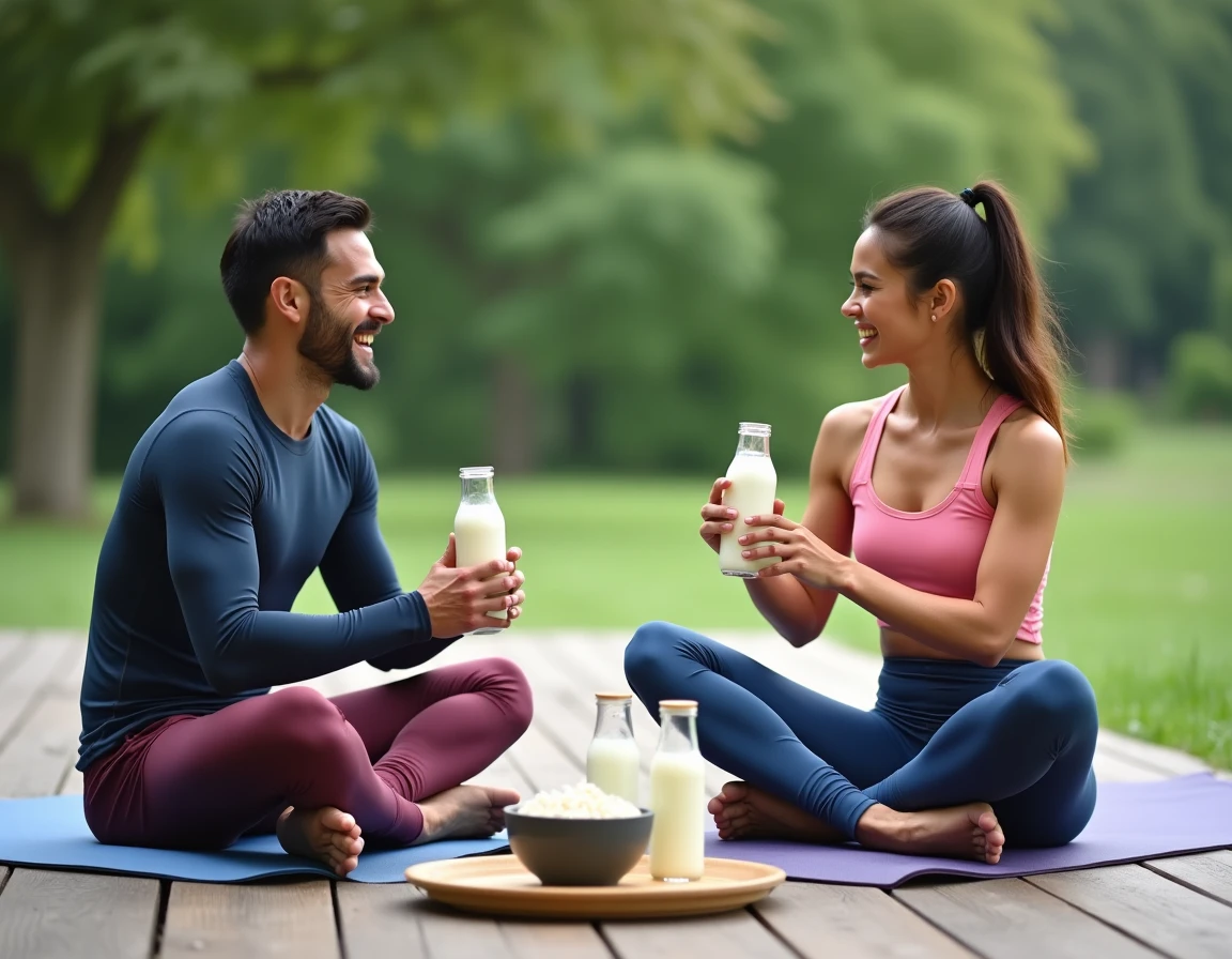 Deux sportifs en récupération sur une terrasse extérieure partageant des bouteilles d'eau de riz après l'entraînement