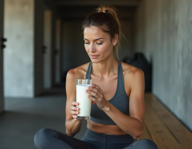 Sportive tenant un verre d'eau de riz après l'entraînement dans un vestiaire de salle de sport