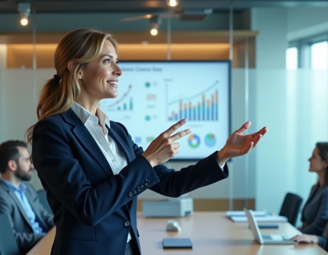 Femme d'affaires présentant une stratégie B2B innovante dans une salle de conférence moderne
