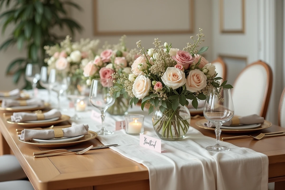 Table de réception de mariage avec fleurs et vaisselle raffinée