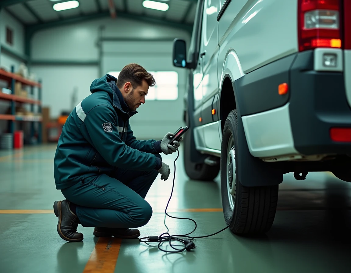 Technicien effectuant un diagnostic numérique connecté sur un véhicule de flotte dans un atelier de maintenance