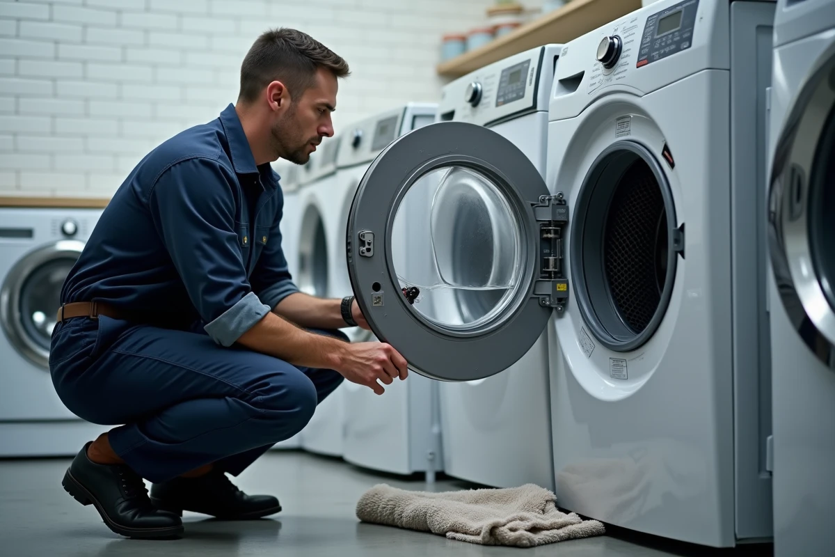 Technicien inspectant le filtre de pompe de vidange d'un lave-linge séchant dans une buanderie moderne