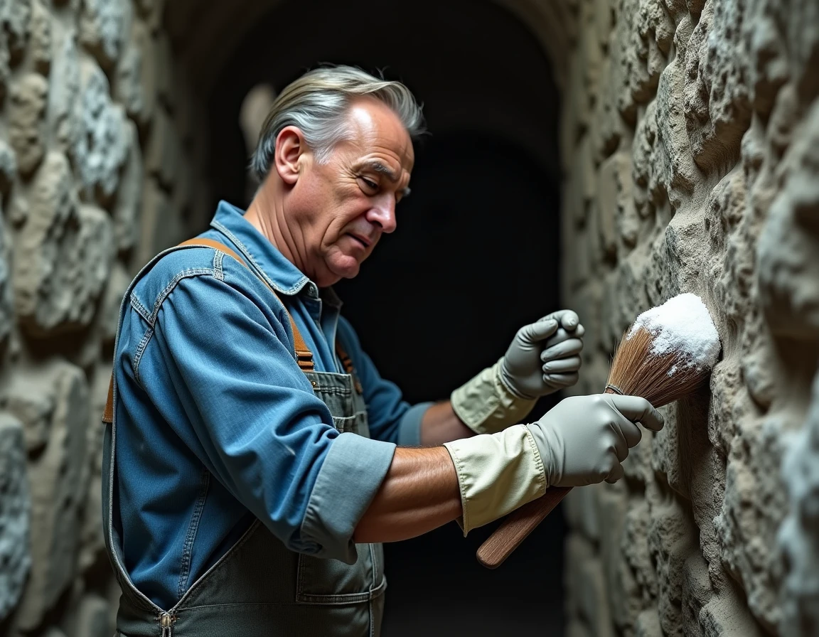 Homme grattant le salpêtre sur les murs en pierre d'une cave humide avec une brosse rigide et des gants en caoutchouc