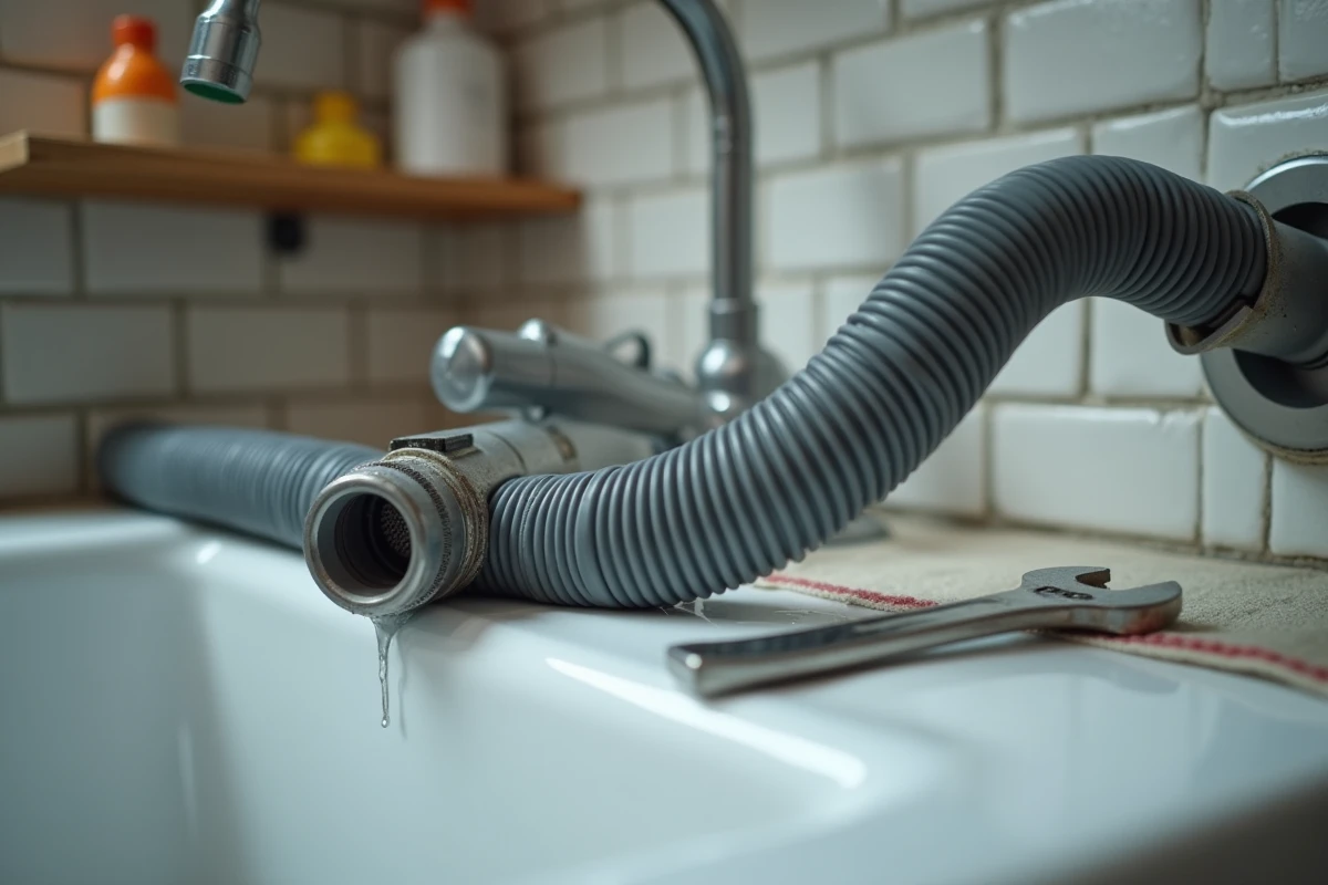 Tuyau de vidange de lave-linge séchant avec dépôts calcaires sur un évier de buanderie