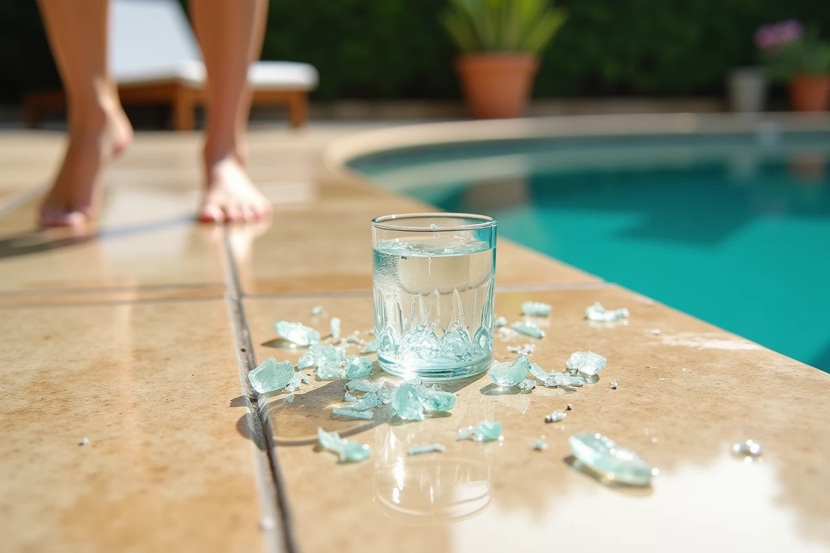 Verre brisé dangereux sur le bord d'une piscine extérieure avec carrelage en grès beige mouillé