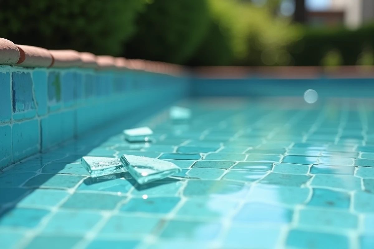 Éclats de verre cassé visibles au fond d'une piscine résidentielle avec carrelage bleu mosaïque